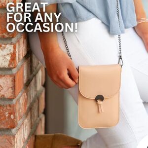 Lori Greiner in cream Save The Girls Crossbody Cell Touch Access Phone Bag NWOT
